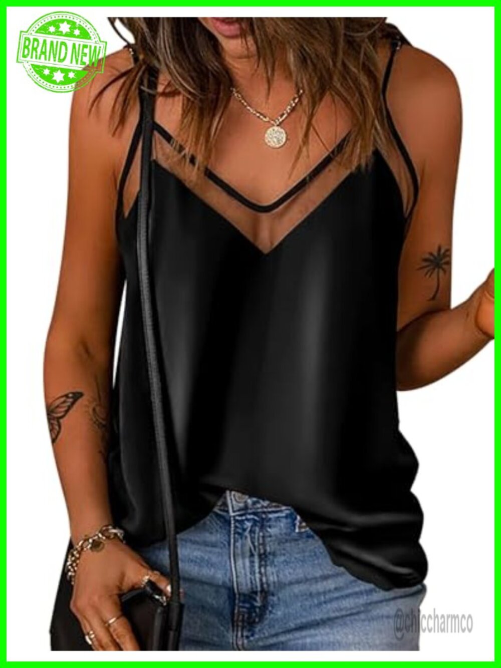 Silk Satin Mesh V Neck Sleeveless Cami Tank Top